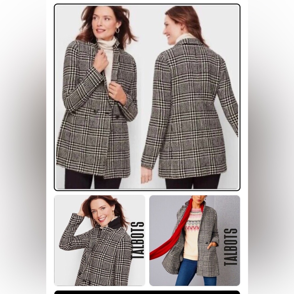 Vintage Talbots Mid Thigh Wool Blazer/Coat, Black & White Houndstooth, Sz. 10